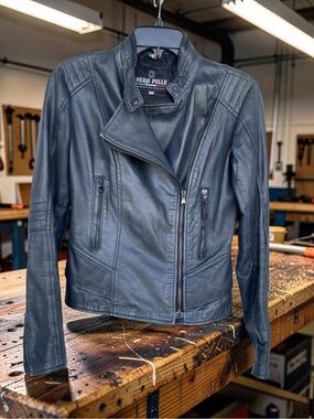 Vera Pelle Women's Dark Gray Leather Moto Jacket